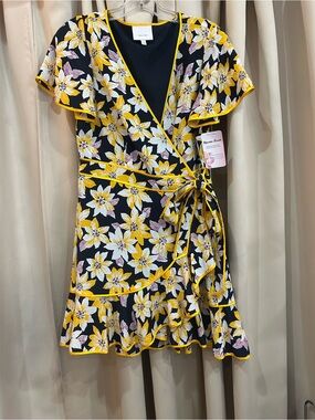 cinq a sept Black Wrap Dress with Yellow Floral Print